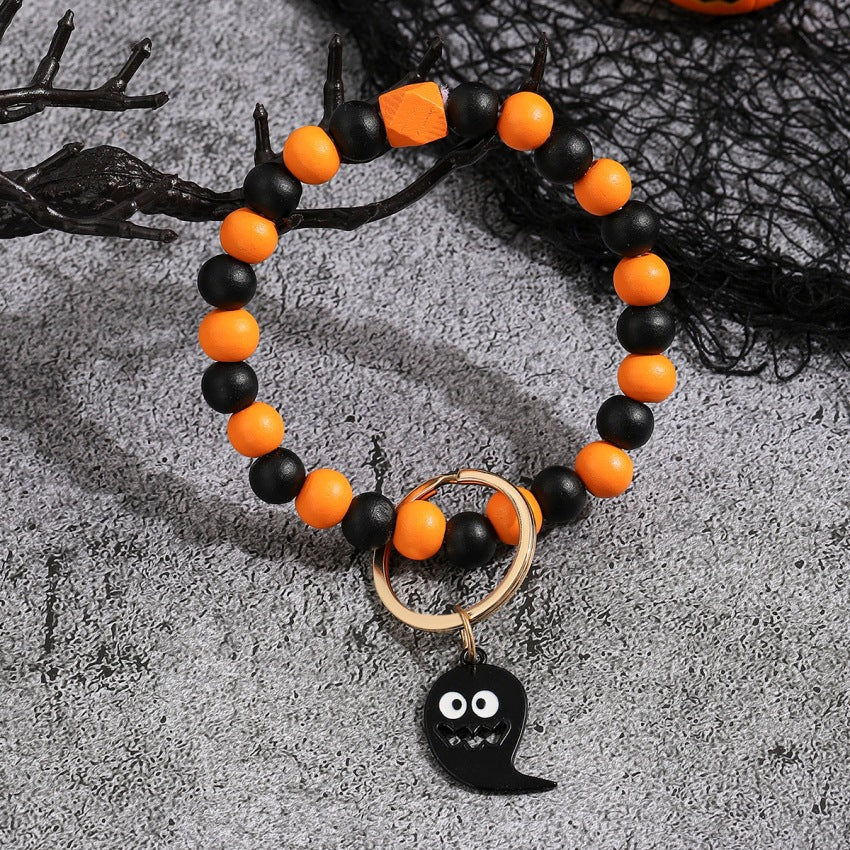 Wholesale Halloween Pumpkin Wooden Beaded Wrist Keychain